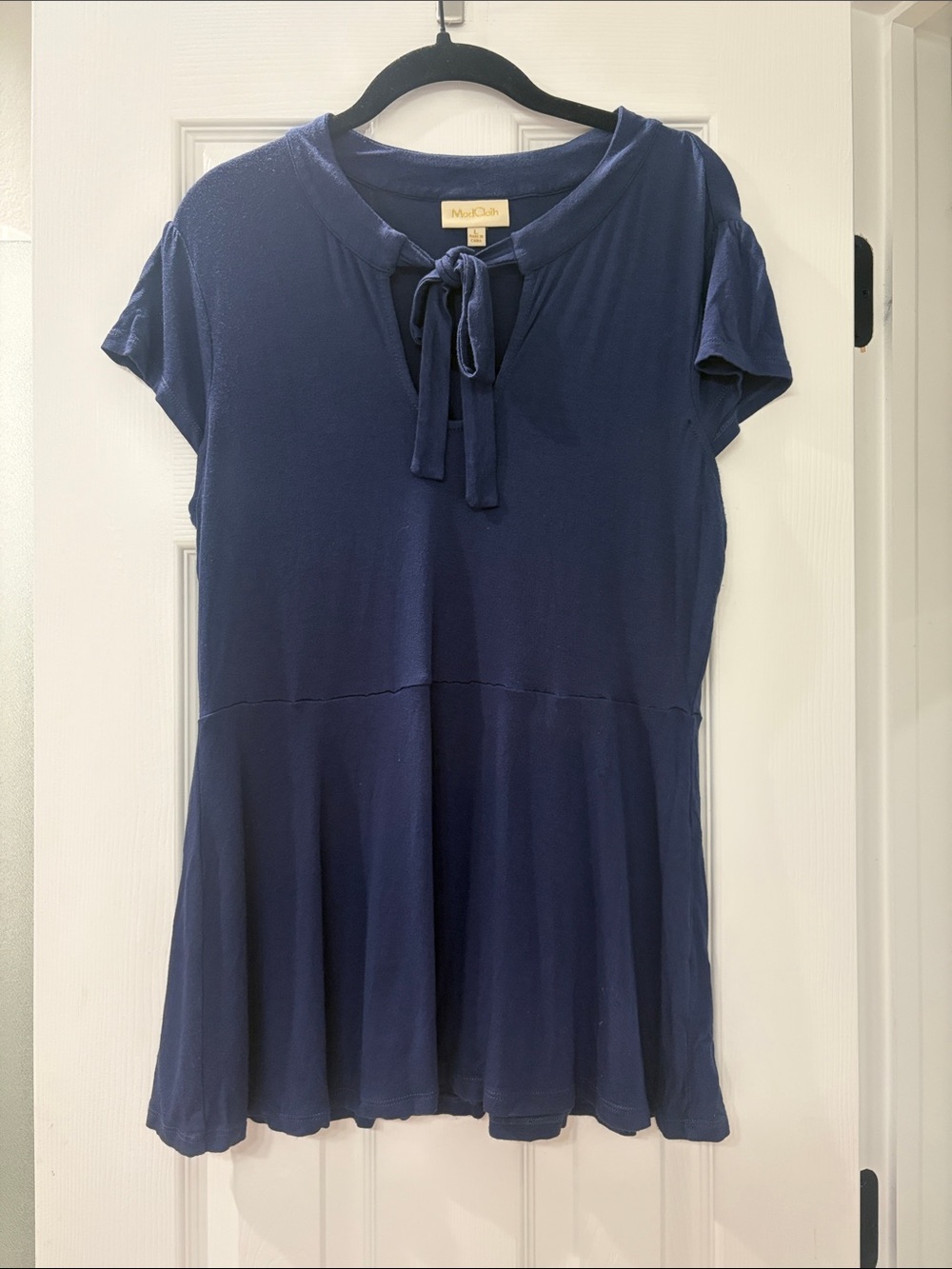 ModCloth Navy Tie-Neck Short Sleeve Peplum Tunic